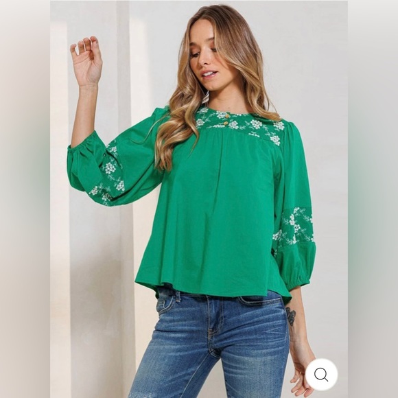 Ces Femme Tops - LAST 3️⃣ GREEN 3/4 SLEEVES EMBROIDRY FLORAL BLOUSE TOP